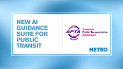 A blue and white graphic with the APTA logo and text reading "New AI Guidance Suite for Public Transit."