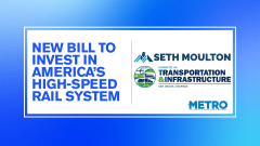 A blue and white graphic with text reading "New Bill to Invest in America's High-Speed Rail System."
