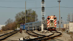 A Metra train on the rails