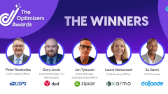 Graphic announcing the 2026 Autofleet Optimizers Awards winners, featuring headshots of leaders from USPS, DPD UK, Zipcar, Karmo, Dollaride, and Kari Ride Hailing.