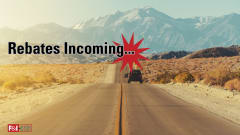 desert road with cars driving away, Rebates Incoming with red star graphic, F&I and Showroom logo