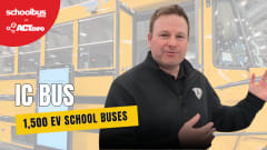 Thumbnail image for a School Bus Fleet video at ACT Expo featuring an IC Bus representative standing beside a yellow electric CE Series school bus. Overlay text reads “IC Bus” and “1,500 EV School Buses,” with School Bus Fleet and ACT Expo branding in the top left corner.