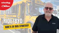 Thumbnail image for a School Bus Fleet video at ACT Expo featuring a Ride/BYD representative standing in front of a yellow electric school bus. Overlay text reads “RIDE/BYD” and “Ride’s EV Bus Strategy,” with School Bus Fleet and ACT Expo branding in the top left corner.