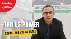 Thumbnail for a School Bus Fleet video at ACT Expo featuring Tellus Power executive Srikanth Kanaparthi discussing large-scale vehicle-to-grid technology for electric school buses, with on-screen text reading “School Bus V2G at Scale.”
