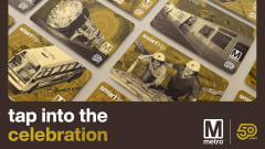 Five different gold commemorative Smart Trip card designs.