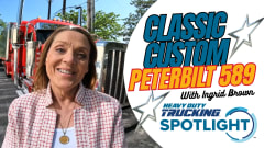 YouTube thumbnail with Ingrid Brown, red Peterbilt truck behind her, and the words Classic Custom: Peterbilt 589: Heavy Duty Trucking Spotlight