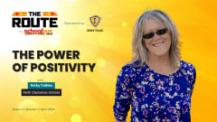 Thumbnail graphic for “The Route” video series featuring Kathy Calkins of North Clackamas Schools, with the headline “The Power of Positivity,” a bright yellow background, sponsor logo, and School Bus Fleet branding.
