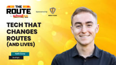 Promotional graphic for “The Route” by School Bus Fleet featuring BusRight CEO Keith Corso smiling against a bright yellow background. Large text reads “Tech That Changes Routes (and Lives).” The graphic includes “Sponsored by IC Bus” branding and identifies Corso as a guest from BusRight.