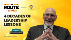 Promotional graphic for The Route podcast by School Bus Fleet. On a bright yellow background with light circular accents, large text reads "4 Decades of Leadership Lessons." Featured guest Craig Beaver of Beaverton School District is shown smiling in a suit and tie on the right side of the image. The School Bus Fleet logo and The Route branding appear at the top left, with sponsorship by IC Bus displayed near the top center.