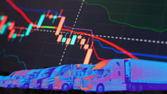 Illustration showing generic graphs and stylized trucking fleet