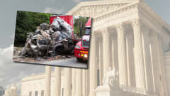 Illustration of U.S. Supreme Court building and a truck crash