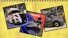 Illustration with caution graphic in background and photos of autonomous trucks