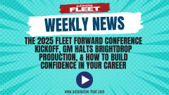 A graphic highlighting Automotive Fleet's weekly news recap, with this week's highlighting the Fleet Forward Conference, fuel updates, and GMs halting of BrightDrop delivery vans.