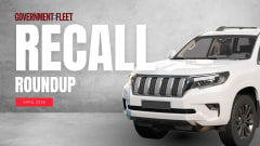 Graphic for Government Fleet’s March 2026 Recall Roundup showing a white SUV and bold text reading “RECALL ROUNDUP” with a red tag labeled “April 2026” on a concrete background.
