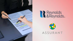 A customer signs documents on a digital e-contracting tablet using a stylus while a dealership employee points to the screen, alongside the Reynolds and Reynolds and Assurant logos.