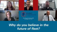 An array of five fleet leader headshots sits around the Fleet Forward Conference logo with the caption "Why do you believe in the future of fleet?" below it. 