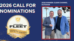 **Caption:** The 2025 Fleet Safety Award winner, Clear Channel Outdoor, is recognized for advancing driver safety through leadership, innovation, and a strong commitment to fleet risk management.  **Google Alt Text (200 characters or less):** Two representatives from Clear Channel Outdoor pose with an award after being named the 2025 Fleet Safety Award winner for excellence in fleet safety leadership and innovation.