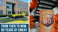 Graphic featuring EMKAY headquarters and 80th anniversary display with text reading “From Then to Now: 80 Years of EMKAY.”
