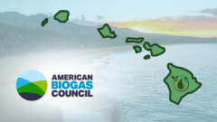 Graphic of the Hawaiian Islands with the American Biogas Council logo highlighting Hawaii’s new clean fuel legislation supporting renewable natural gas and biogas energy projects.