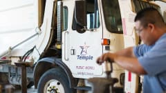 City of Temple public works truck in a maintenance facility as the city implements a telematics system to improve fleet efficiency, safety and vehicle performance monitoring.