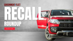 Graphic for Government Fleet’s March 2026 Recall Roundup showing a red pickup truck and bold text reading “RECALL ROUNDUP” with a red tag labeled “March 2026” on a concrete background.