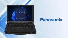 Panasonic TOUGHBOOK 56 rugged laptop with Windows interface displayed, designed for field use with durable build, modular components, and advanced connectivity features.