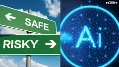 Road signs pointing to “Safe” and “Risky” beside a glowing AI network graphic, illustrating the role of artificial intelligence in driver safety, coaching, training, and risk management.