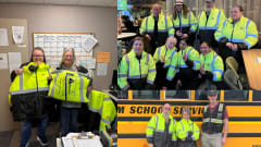 School transportation employees wearing high-visibility safety jackets pose in offices and near school buses as part of a driver safety recognition program.
