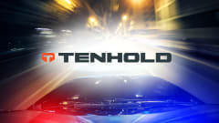 Tenhold logo over blurred nighttime driving scene with police lights, representing vehicle outfitting solutions designed for first responder safety and equipment access.