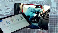 Illustration of tired truck driver, electronic logging device, and traffic congestion