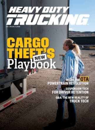 Magazine cover with female driver looking into back of trailer with the words "Cargo Theft's New Playbook"