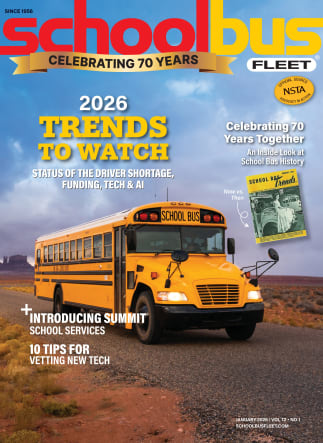 january 2026 school bus fleet magazine cover picturing a school bus driving through a picturesque desert with text that says "2026 trends to watch"