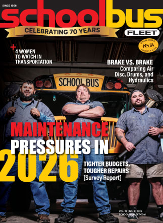 March 2026 school bus fleet magazine cover three school bus mechanics posing in front of a school bus