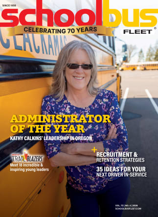 school bus fleet april/may 2026 magazine cover featuring the administrator of the year winner Kathy Calkins