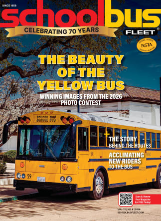 Cover of the 2026 School Bus Fleet magazine celebrating the publication's 70th anniversary. The cover features a yellow Thomas Built school bus and highlights the 2026 photo contest winners, plus stories on route planning and acclimating new riders to the school bus.