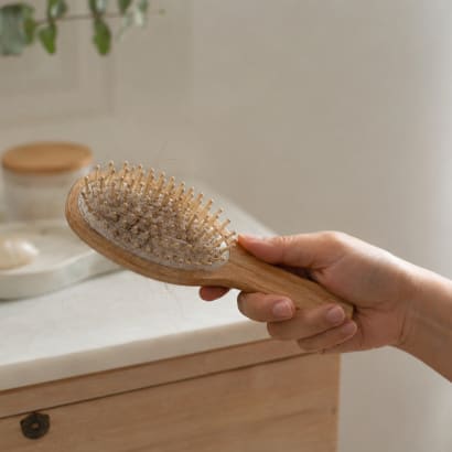 A hand holding a hairbrush, and there is hair in the brush. 