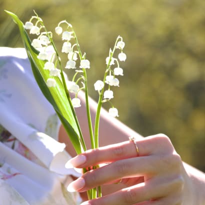 A hand holding a bunch of Lily of the Valley flowers