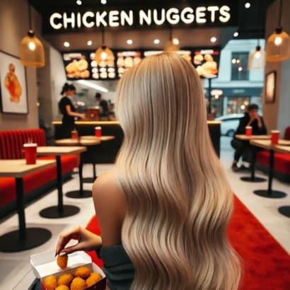 The back of a woman with long blonde hair.