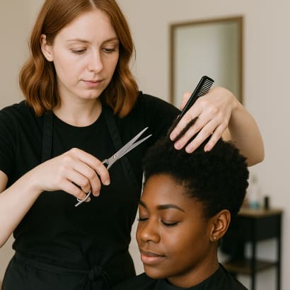 A hairstylist cutting a Black client's curly hair in a salon.