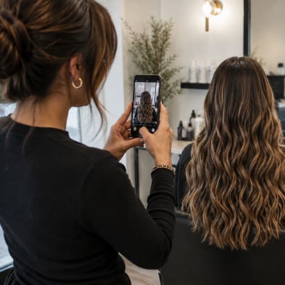 A stylist takes an after photo of her clients hair.