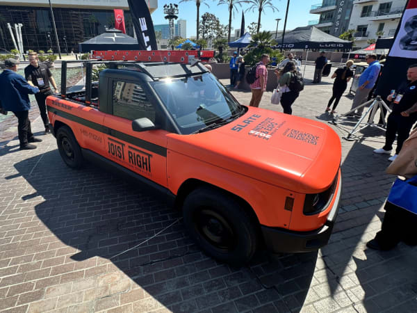 Electric pickup on display on city terrace. 