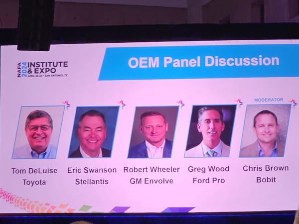 Photo of slide showing the four panelists and moderator for the NAFA 2024 OEM Panel.