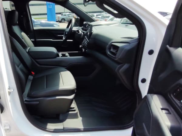 View into the front passenger seat through an open door.