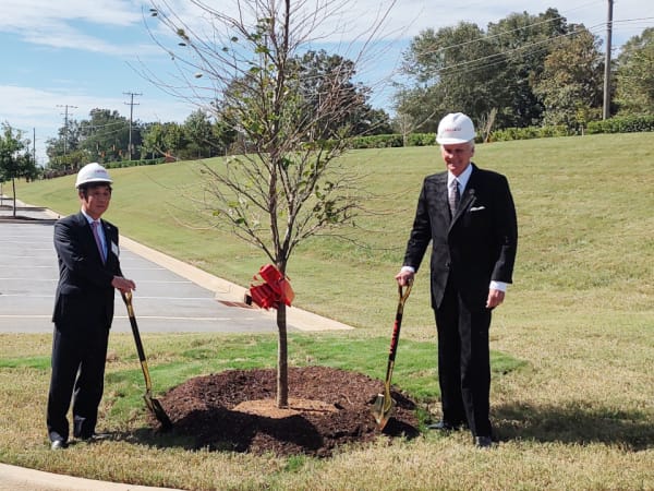Two men with shovels and hard hats stand on either side of a tree that has been planted.