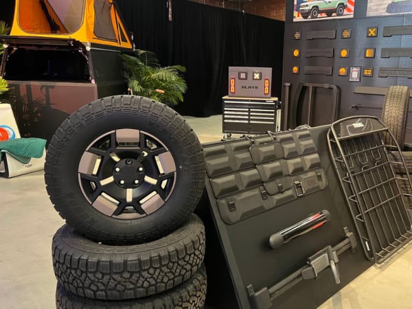 A gallery of tires and vehicle parts.