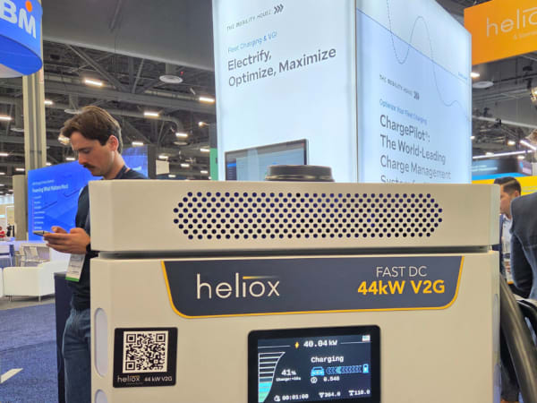 Heliox's fast DC vehicle-to-grid charging technology and fleet charging management solutions at the Mobility House booth ACT Expo 2026.