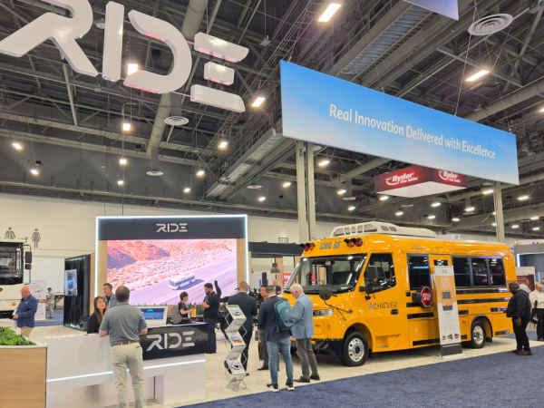 The RIDE booth features the company’s Achiever electric school bus and commercial vehicle lineup on the ACT Expo show floor.