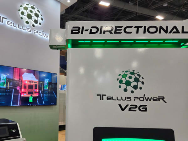 Tellus Power displays its bi-directional V2G charging technology for electric school buses at ACT Expo 2026.