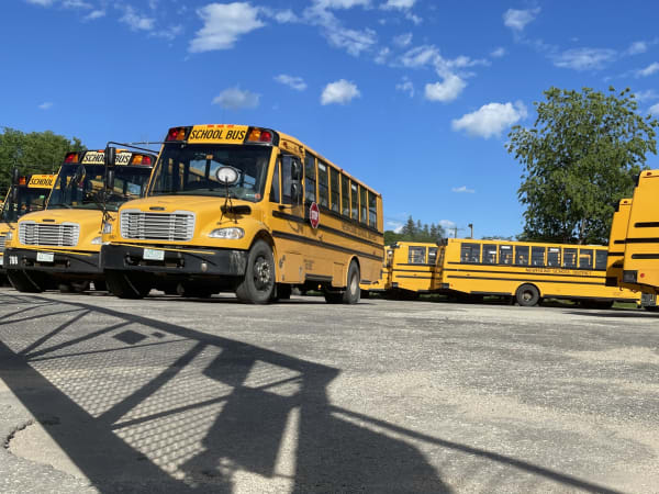 Several yellow Newfound School District buses are parked in a transportation lot under a bright blue sky with scattered clouds. The low-angle view highlights the fleet lined up and ready for daily student transportation.