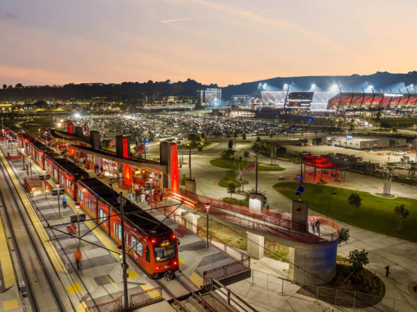 San Diego Metropolitan Transit System trolley outside Snapdragon Stadium.